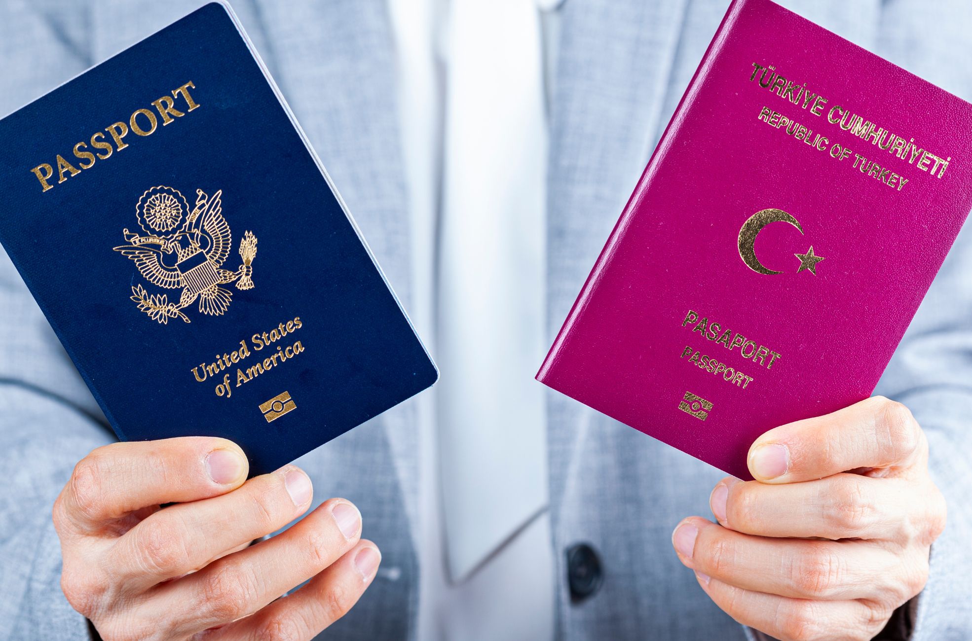Stock Photo Man Holding Two Passports Showing US Dual Citizenship