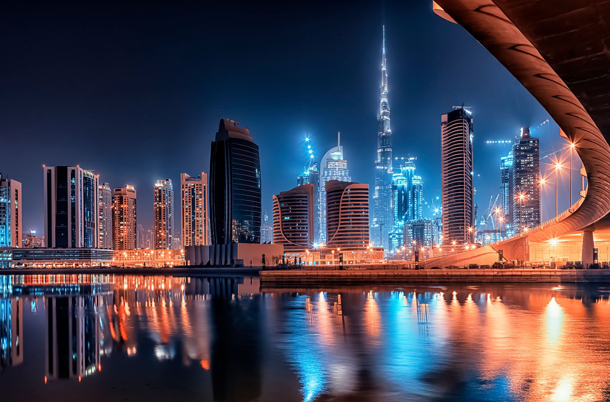 Dubai City Over River At Night