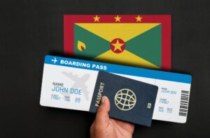 Hand Holding Passport In Front Of Grenada Flag