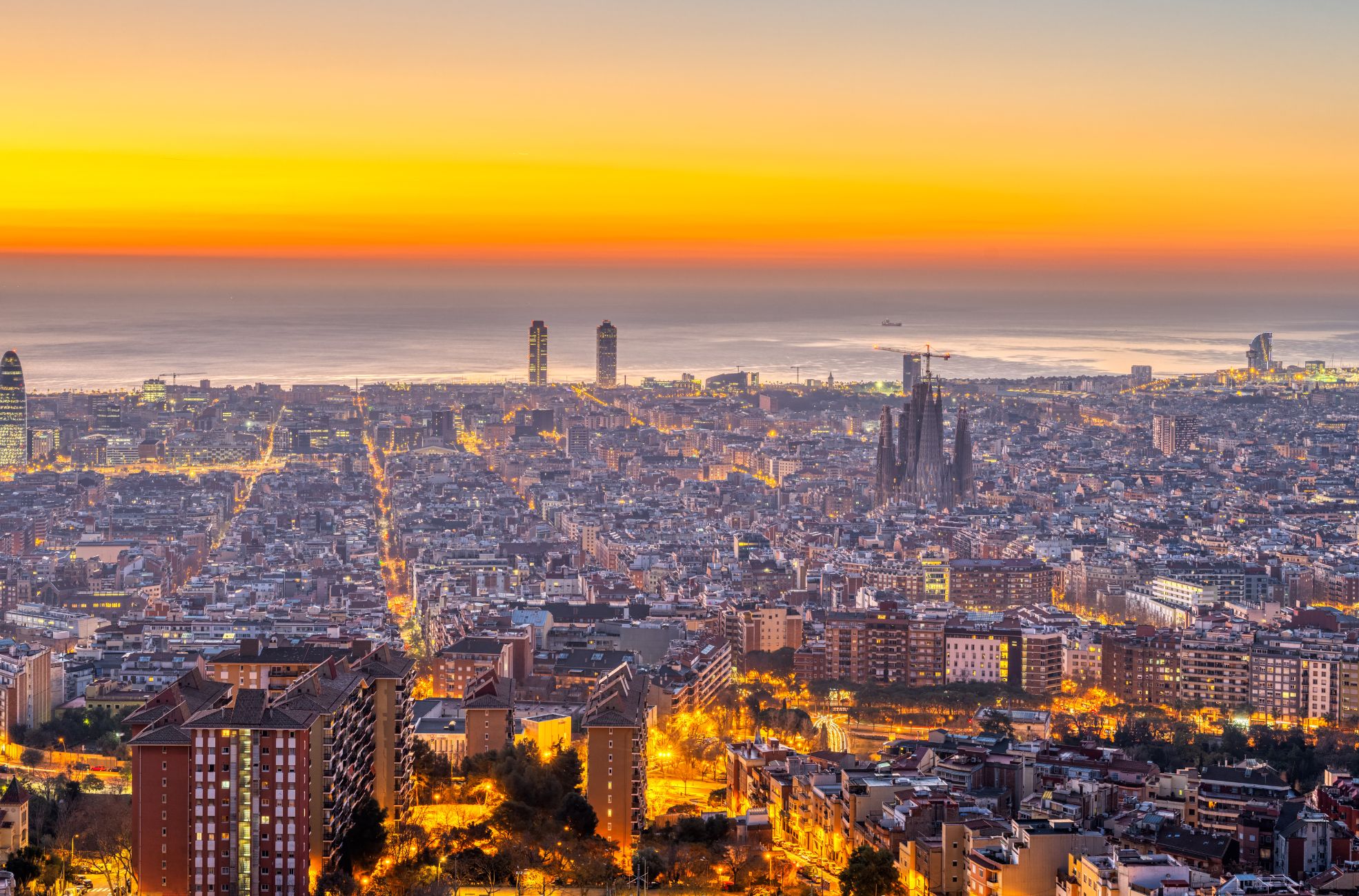 Barcelona In Spain At Night With Golden Visa