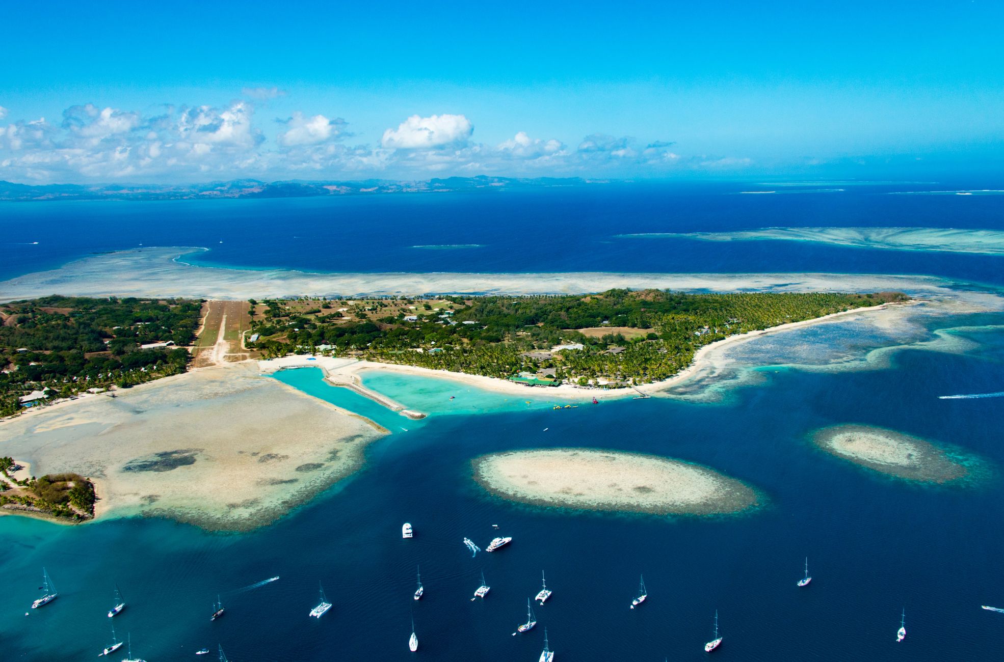 An aerial view of the blue Fijian waters.