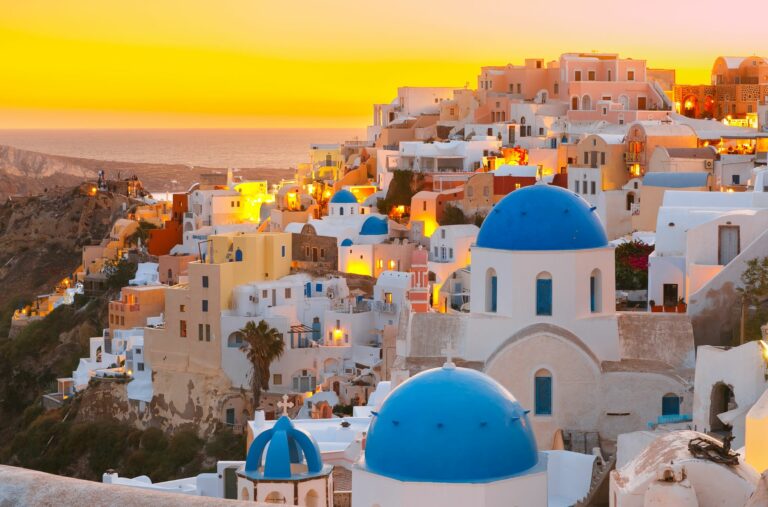Sunset In Greece Over Housing And Landscape