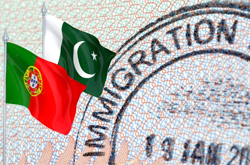 Flags Of Portugal And Pakistan With Immigration Stamp